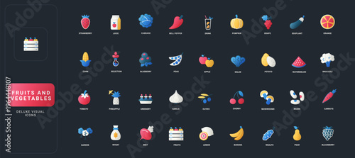 Gradient flat style icons set with assorted fruits, vegetables, drinks, and grains on dark UI background vector illustration. Diverse healthy food elements in modern colorful design.