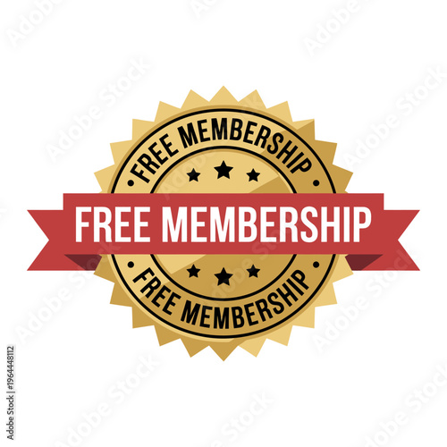 Free membership gold seal badge with red ribbon isolated on white background