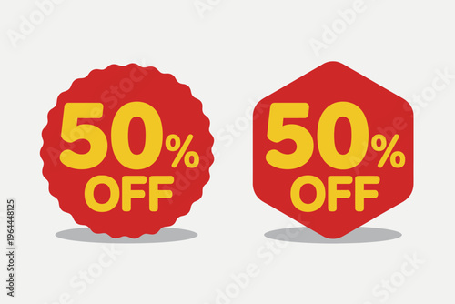 Red discount labels with fifty percent off in yellow text