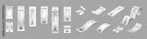 Checks or bills, isolated papers with list to do. Vector realistic statement of charges, set of documents with financial assets, qr codes and accounting information. Checking expense awareness