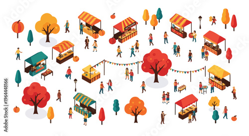 Autumn harvest market scene with people shopping at stalls and colorful trees, isometric illustration