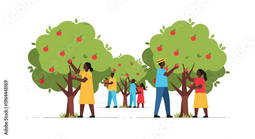 Family picking apples from trees in an orchard during autumn harvest, illustration