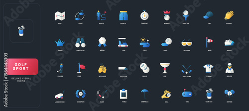 Gradient flat style icons set with golf equipment, player actions, course elements, awards, and accessories on dark UI background vector illustration for comprehensive sport visual themes.