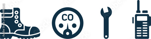 Firefighter boots, electrical outlet, cable cutter, and walkie talkie icons, minimal vector symbols for work safety, protective gear, and emergency equipment.