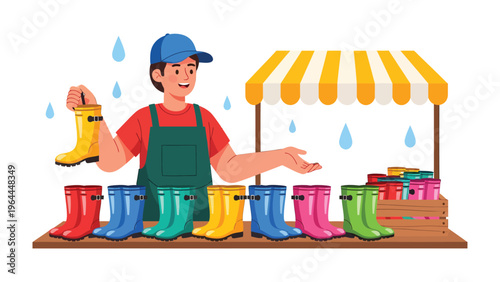 Rain Boots Vendor: A cheerful vendor presents a colorful array of rain boots beneath a striped awning on a rainy day. Inviting you to step into comfort and style, ready to splash through any storm.