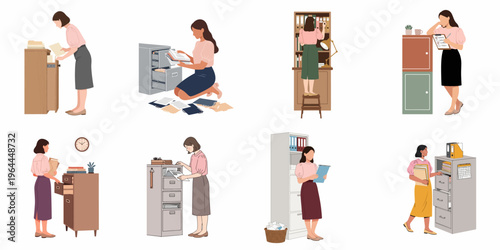 Set of female office workers organizing paperwork, documents, and folders in various types of filing cabinets and storage units.