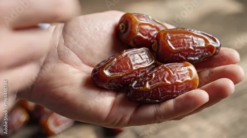 Hand holding several brown dates fruit.