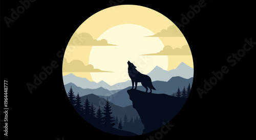Lone wolf howling at the moon on a mountain cliff.