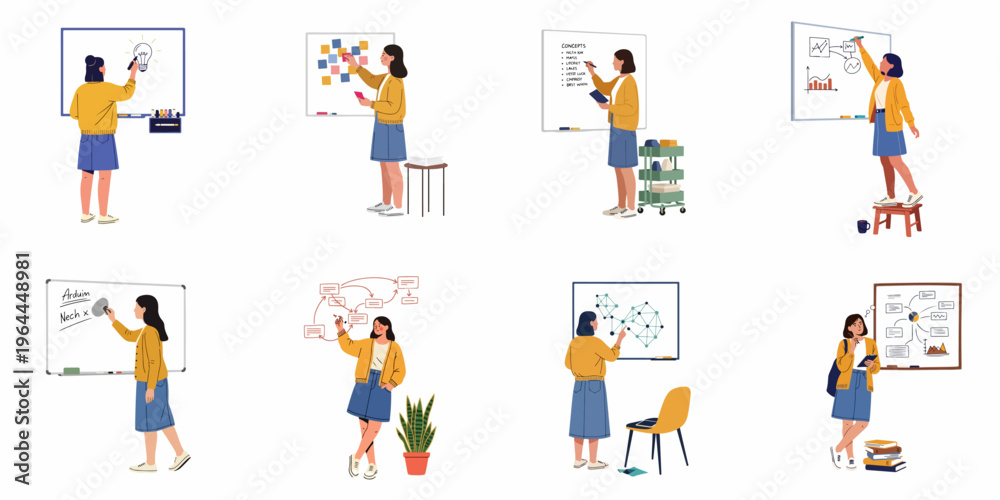 Fototapeta premium Set of flat illustrations featuring a young woman brainstorming, planning, and analyzing data on whiteboards with charts, sticky notes, and diagrams.