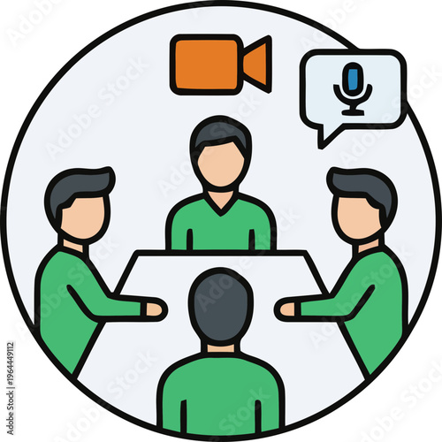 People discuss around table with video recording and voice message