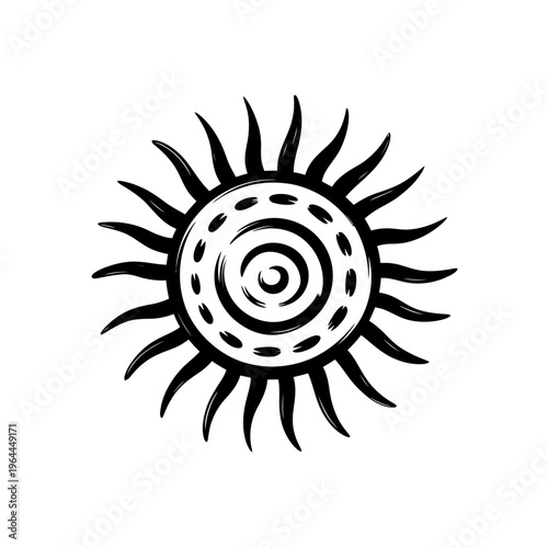 Black and white sun symbol with spiral center and rays  solar icon
