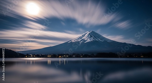 Majestic Mount Fuji Reflecting in Calm Lake Waters Under a Night Sky.