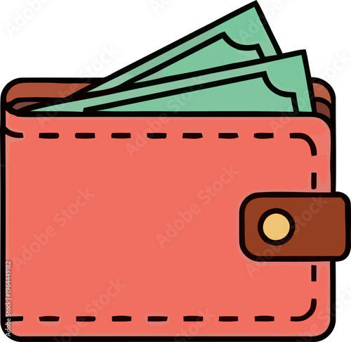 A brown leather wallet with green bills sticking out on a white background