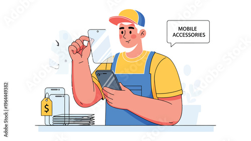 Smartphone accessories seller: A worker meticulously inspects a tempered glass screen protector while holding a smartphone, a display of tech accessories alongside.