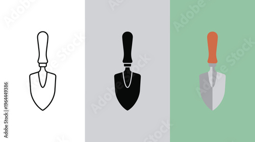 Trowel Shovel Icons in Black, Gray, and Orange on White and Gray, Green Backgrounds