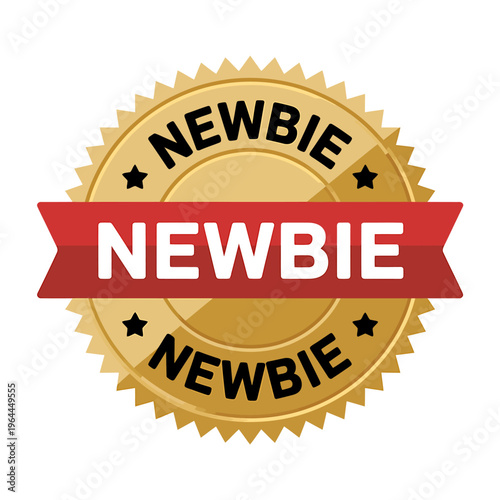 Gold seal with red banner and newbie text on white background