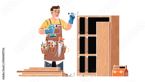 Handyman Crafting Cabinet: A skilled handyman meticulously constructs a wooden cabinet, demonstrating precision and expertise in craftsmanship.