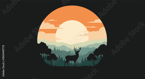Majestic Deer Silhouette in Serene Forest Landscape at Sunset.