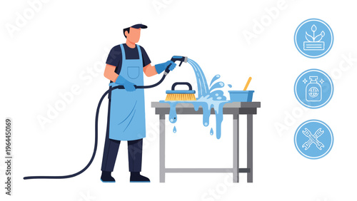 Cleanliness is Key: A dedicated cleaner meticulously washes a table with a powerful spray, showcasing an efficient cleaning process and hygiene maintenance. 