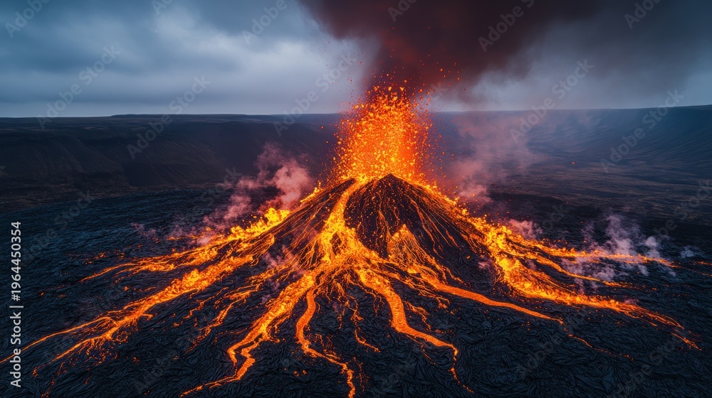 Fototapeta premium Lava erupts from a volcano, casting a bright orange glow on the dark landscape
