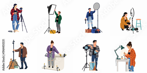 Flat Vector Illustrations Collection of Professional Photography and Video Production Crew Working in a Studio Environment with Various Lighting and Camera Equipment.