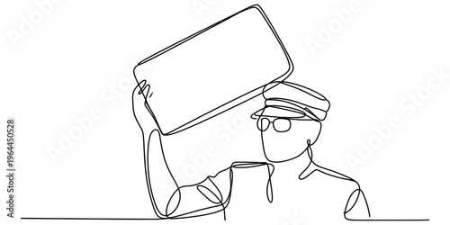 Continuous line drawing of a person in a captain hat holding an empty rectangular message sign