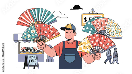Hand Fans Displayed: A street vendor joyfully presents an array of colorful hand fans, each radiating its own unique design, creating a scene of vibrant artistry and cultural charm.