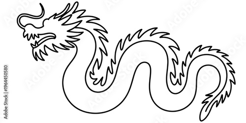A detailed black and white line art illustration of a traditional long chinese style dragon