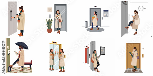 Vector illustrations of a woman in a trench coat interacting with elevators in various daily life scenes like commuting, shopping, and working.