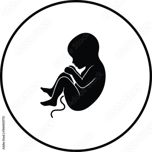 Black silhouette illustration of a human fetus with umbilical cord inside a circular frame representing pregnancy embryonic development and prenatal health care isolated on white