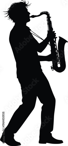 Black silhouette of a male musician playing saxophone wind instrument performing jazz music isolated on white background for concert poster and musical entertainment