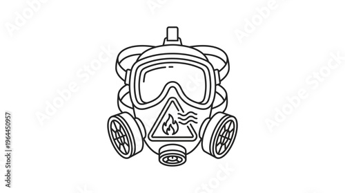 Protective gas mask or respirator with a flammable flame hazard symbol on the filter, isolated white background.
