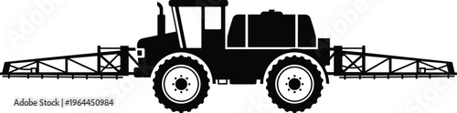 Black silhouette of a self propelled agricultural sprayer tractor with long booms for crop irrigation and chemical fertilizer application isolated on white background