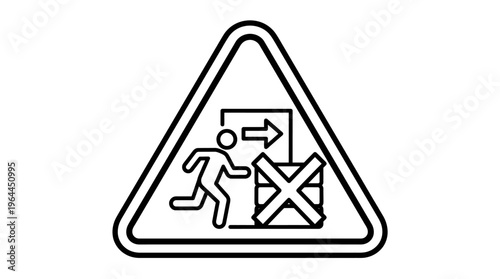 Warning sign depicting two people running towards a blocked emergency exit with an arrow and 'X' symbol, isolated white background.