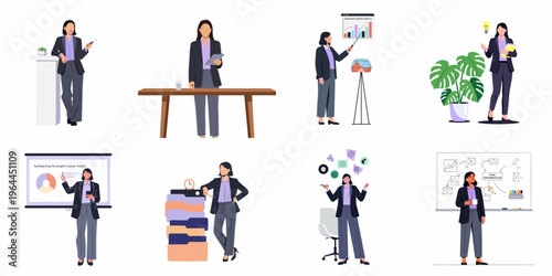Professional business woman character set in flat vector style performing office tasks including presentations, data analysis, brainstorming, and efficient project management.