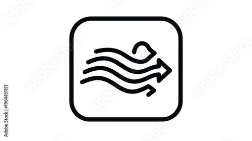 Air Flow Direction Icon with Wavy Lines and Arrow in Rounded Square, isolated white background.