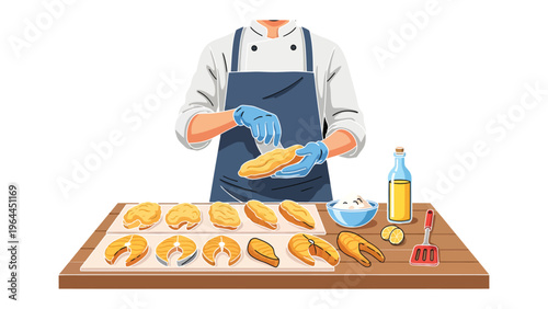 Culinary Craftsmanship: A chef expertly prepares a gourmet seafood dish, showcasing the artistry and skill in transforming fresh ingredients into a culinary masterpiece. 