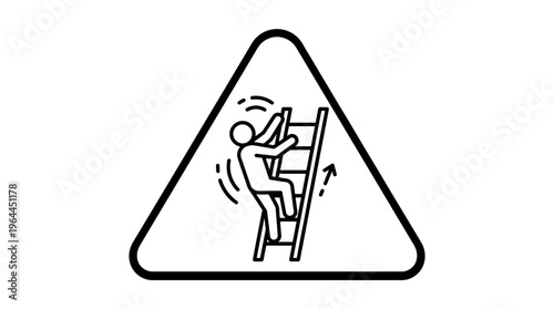 Ladder Safety Warning Sign with Person Climbing Up, isolated white background.