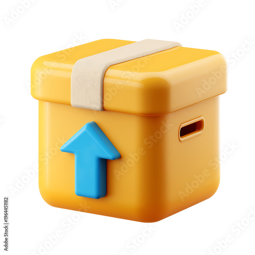 A yellow package box with a blue arrow pointing upwards is sealed.
