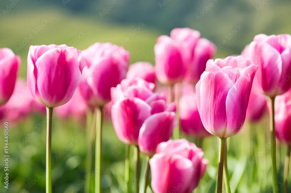 Fototapeta premium Pink tulips blooming in a vibrant spring garden field