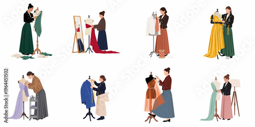 Set of fashion designer illustrations showing women working on mannequins, draping, pinning, and measuring various garment styles in a professional studio setting.