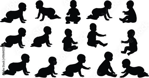 Black silhouette set of cute babies in various poses including crawling sitting and playing isolated on a white background for parenting and childcare design