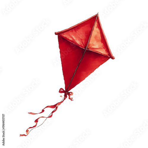 A red kite flies high in the clear blue sky outdoors.