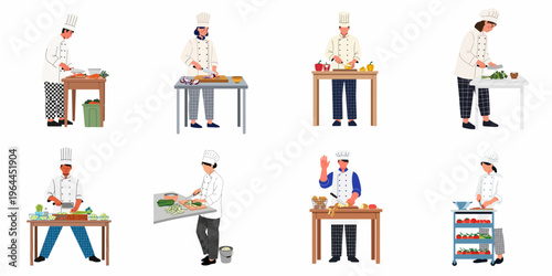 Set of male and female professional chefs in white uniforms preparing food and chopping vegetables on kitchen tables, flat vector illustration.