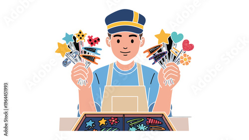 Sweet Confectioner: A confectioner, adorned in a cap and apron, presents a vibrant array of delectable sweets, showcasing an enticing selection of colorful creations.