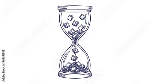 Time's Cube: Conceptual illustration of an hourglass filled with cubical blocks, symbolizing the passage of time. The graphic embodies concepts of resource management and deadline pressure. 
