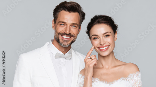 Happy couple wedding ring bridal attire smile love joy romance happiness newlywed