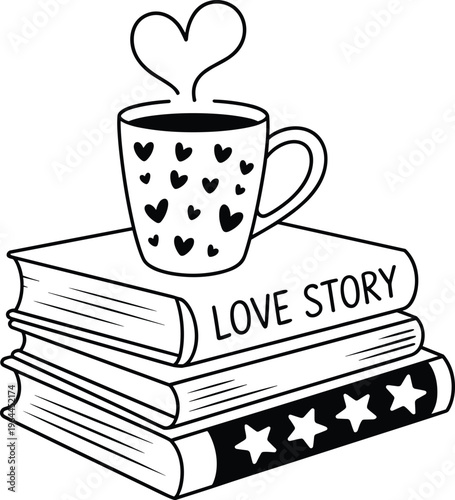 Love story books stack with coffee cup and hearts romantic reading concept line art illustration for kids coloring page