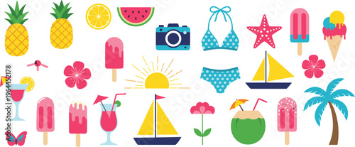 Summer vacation collection with tropical fruits cocktails beach items and travel elements flat style vector illustration set