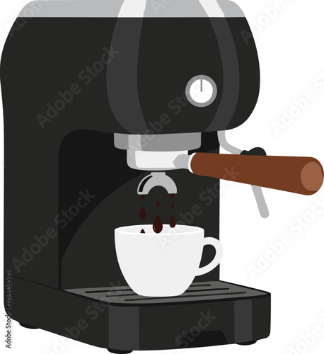 Flat vector illustration of a professional espresso machine pouring dark coffee into a white ceramic cup isolated on white background for cafe design